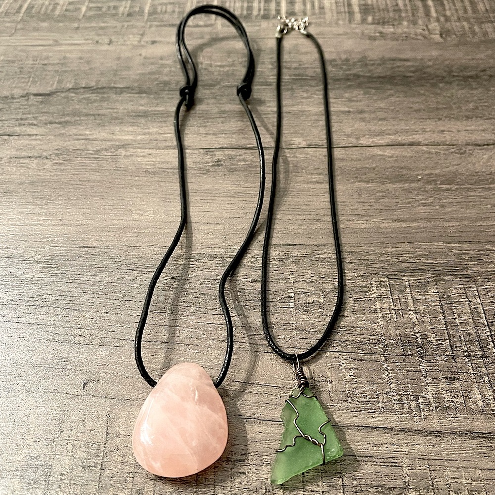 Handmade Rose Quartz Stone & Sea Glass Wrapped Necklaces